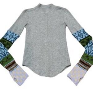 We the Free- Free People Gray Top with Blue and Green Sleeves